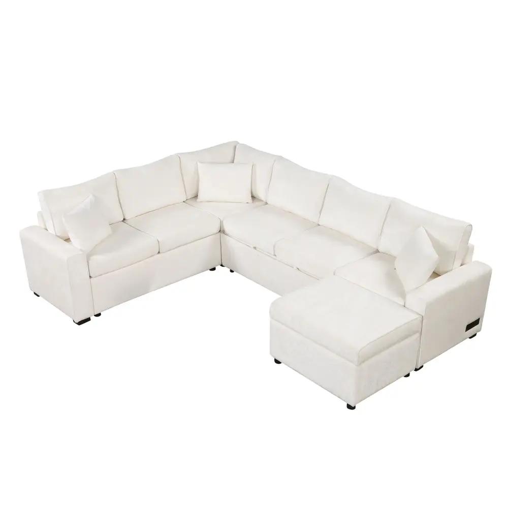 Media Console Sectional Sofa Pull-Out Sofa Bed Sleeper Storage Ottoman, Three Pillows And Charging Devices Living Room