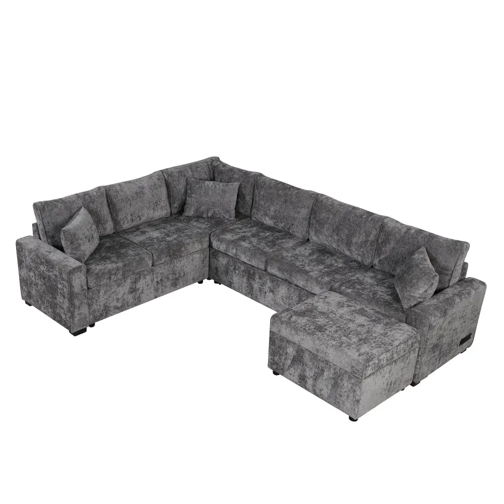 Media Console Sectional Sofa Pull-Out Sofa Bed Sleeper Storage Ottoman, Three Pillows And Charging Devices Living Room