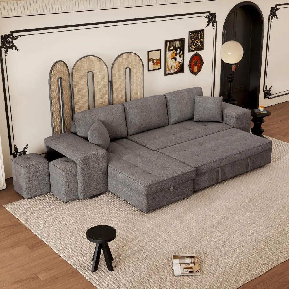 Modern L-Shape 3 Seat Reversible Sectional Couch, Pull Out Sleeper Sofa Storage Chaise And 2 Stools Living Room Furniture Set