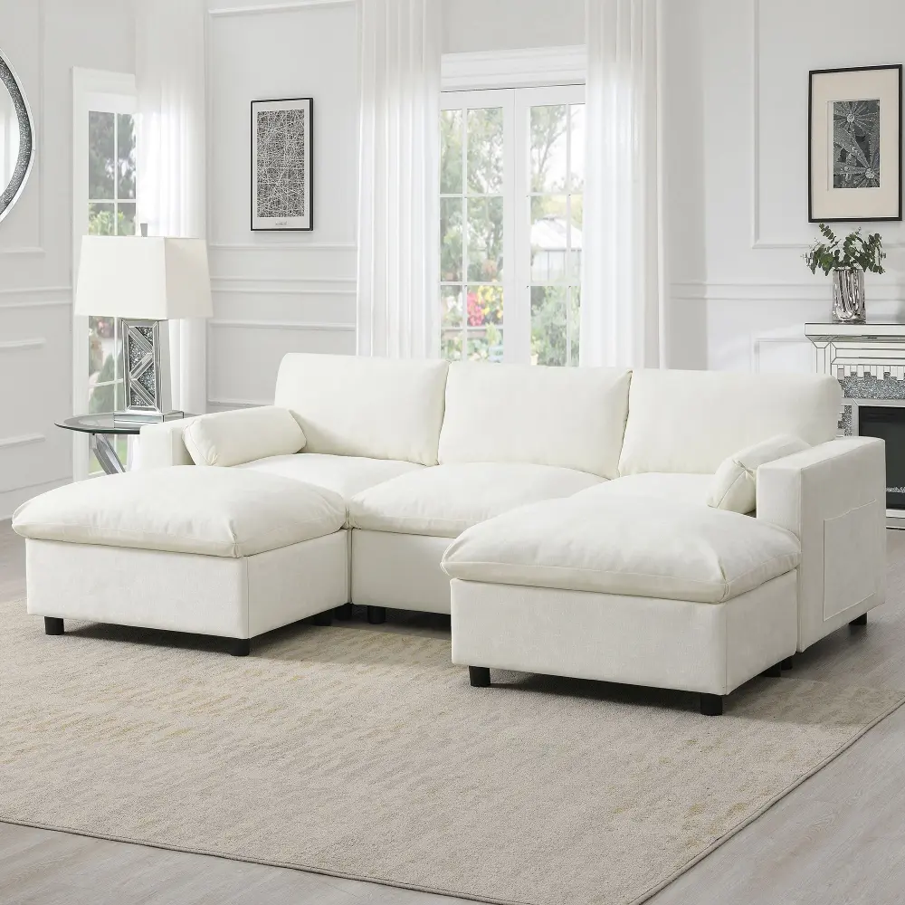 Modular Sectional Storage Pockets, 5 Seat U Shaped Couch Place Pillows, Free Combination Modern Cloud Sofa 2 Movable Ottoman