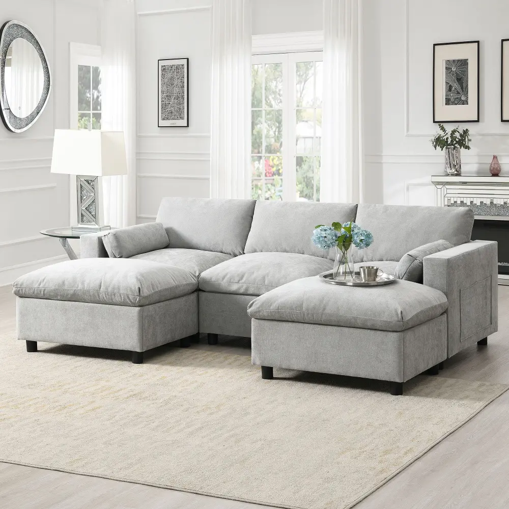 Modular Sectional Storage Pockets, 5 Seat U Shaped Couch Place Pillows, Free Combination Modern Cloud Sofa 2 Movable Ottoman