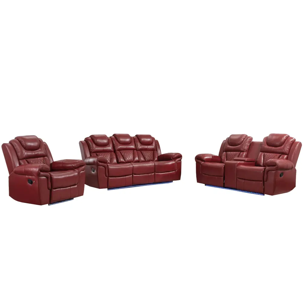 3 Pieces Recliner Sofa Sets Home Theater Seating Manual Recliner Chair Center Console And LED Portable Strip Living Room