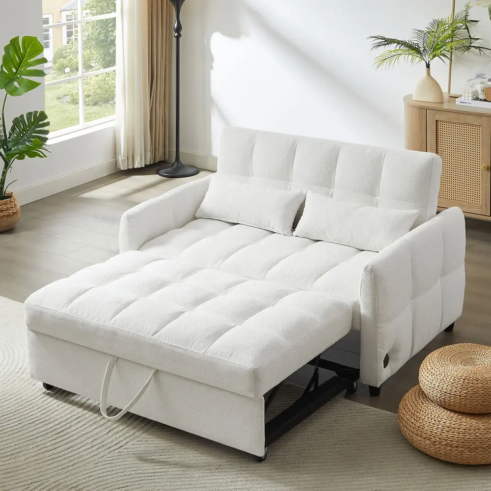 Premium Upholstered Loveseat Sofa Pull-Out Bed Flexible Backrest, 3 USB Ports And 2 Lumbar Pillows Living Room