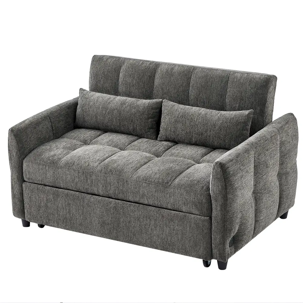 Premium Upholstered Loveseat Sofa Pull-Out Bed Flexible Backrest, 3 USB Ports And 2 Lumbar Pillows Living Room