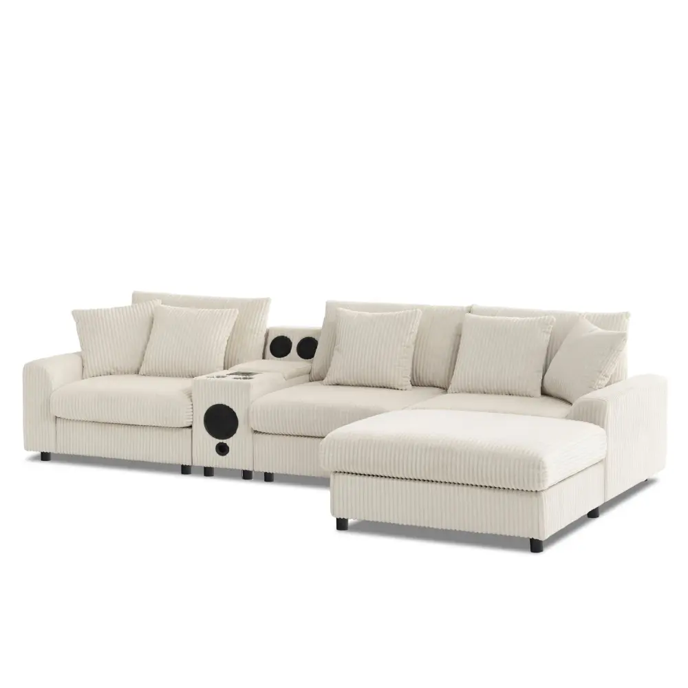 Solid Wood Sectional tooth Speakers L Shaped Couch Console USB Charger, Cup Holders Storage Ottoman Deep And Generous Seat...
