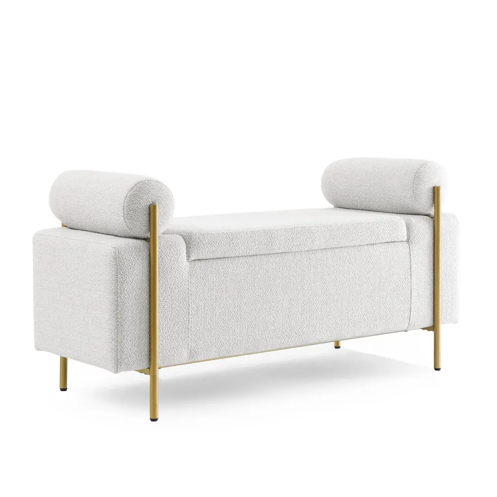 Elegant Upholstered Storage Bench Cylindrical Arms And Iron Legs,