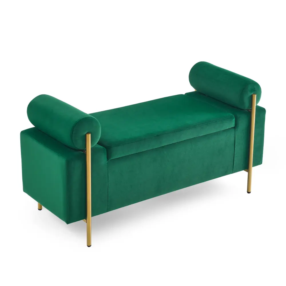 Elegant Upholstered Storage Bench Cylindrical Arms And Iron Legs,