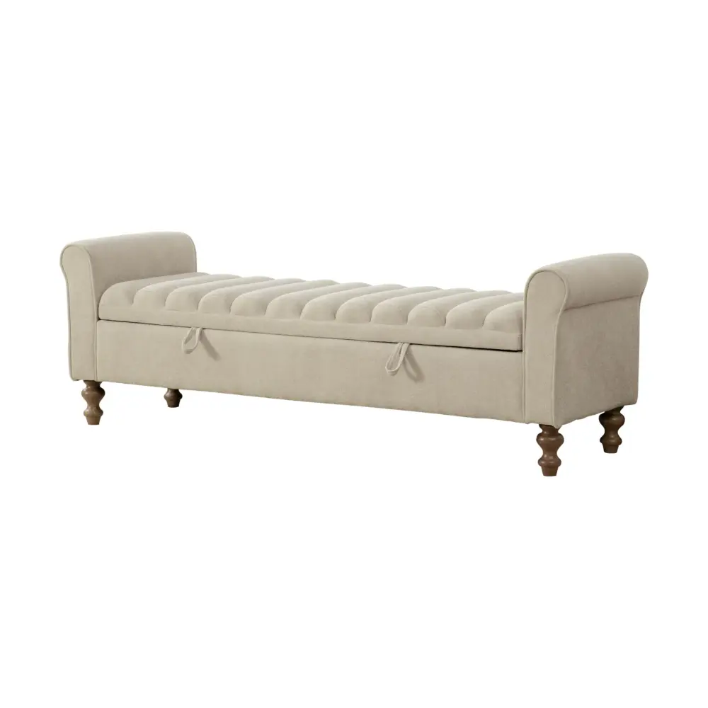 Wide Upholstered Storage Bench Rolled Armrest Bedroom - Griege