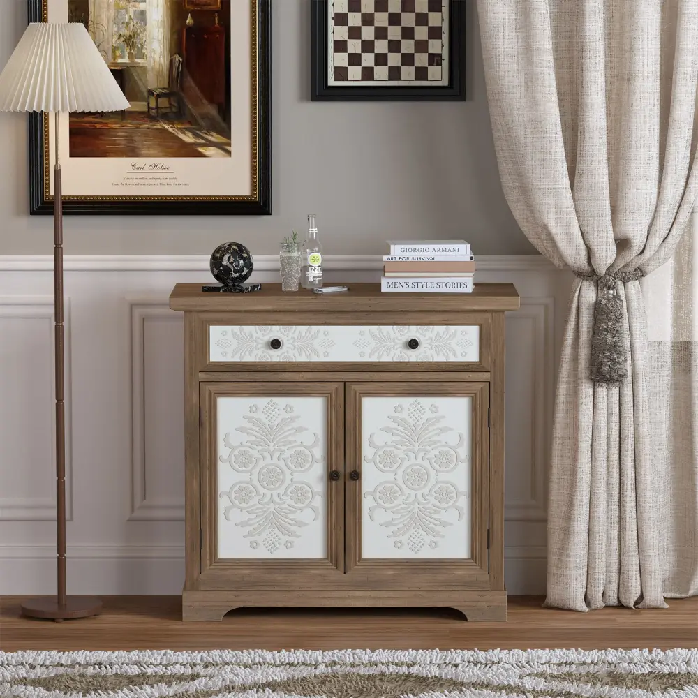 Accent Cabinet Ornate Floral Panels, Sideboard Drawer And Double Doors - Antique Brown / White