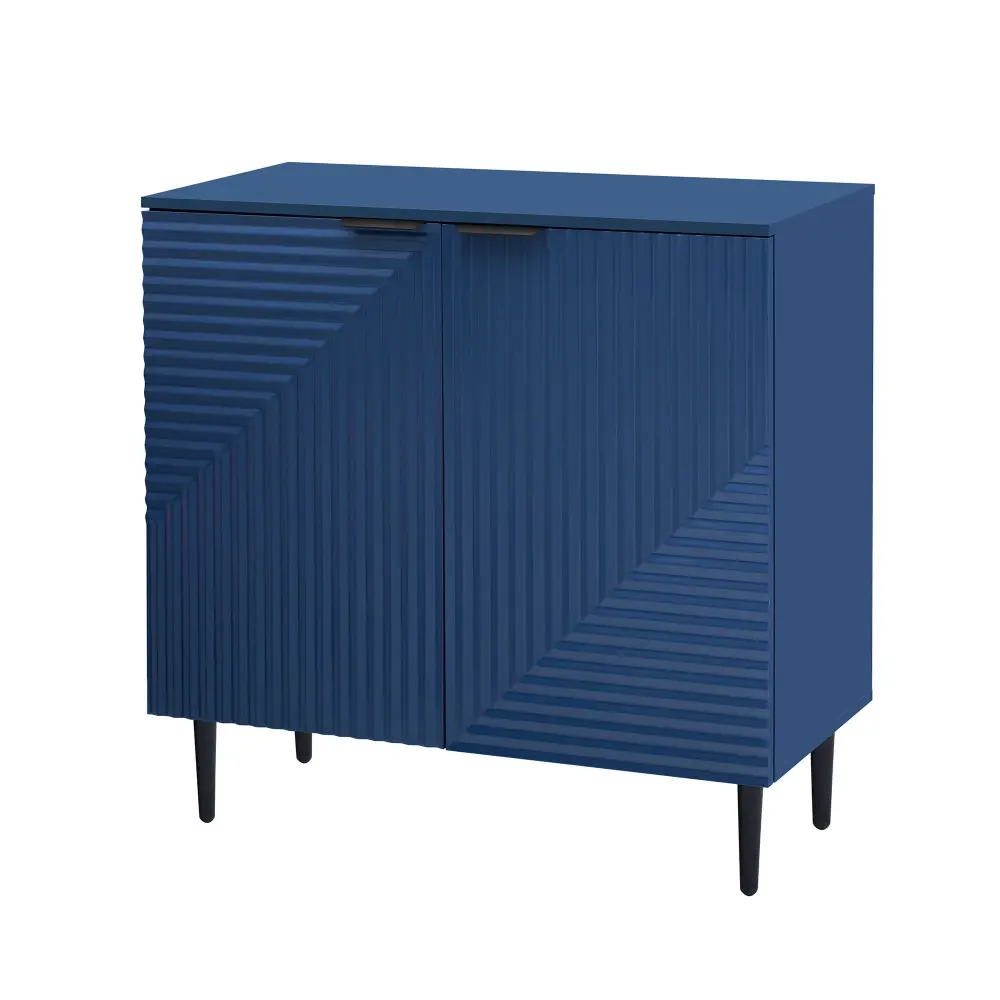 Space-Saving Corner Side Cabinet Customizable Shelves And Geometric Door Panels - Navy Blue