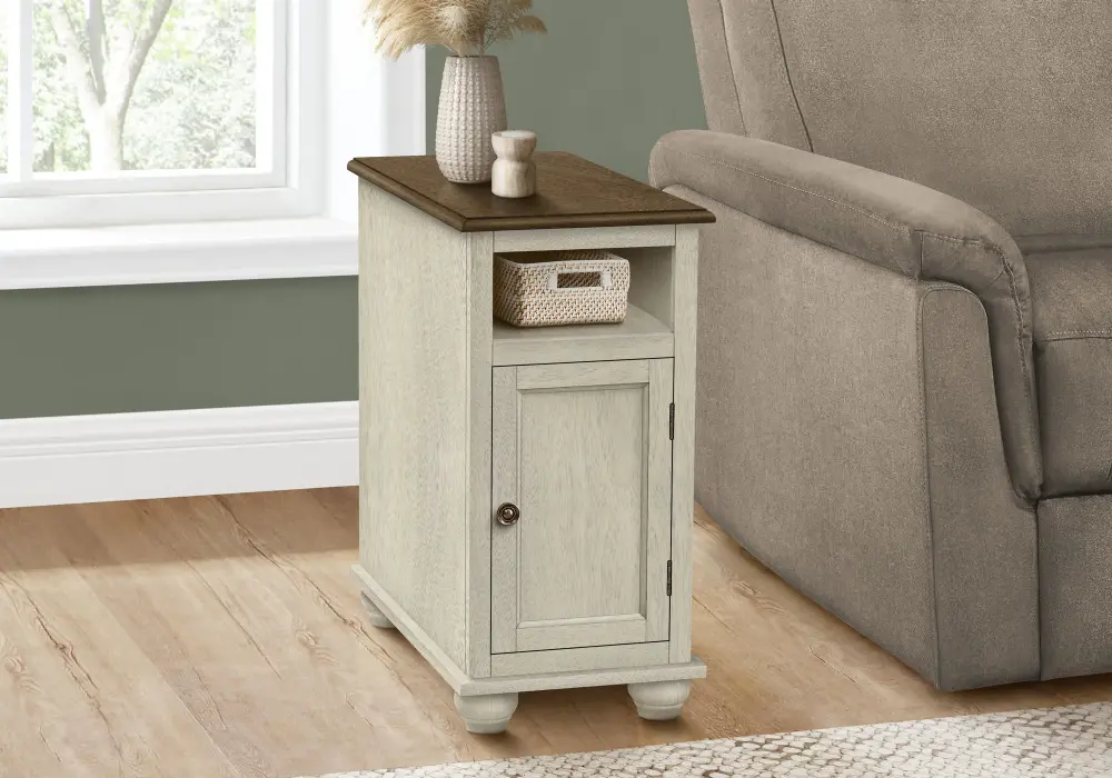 Upholstered Velvet Accent End Table, Storage, Traditional - Ivory