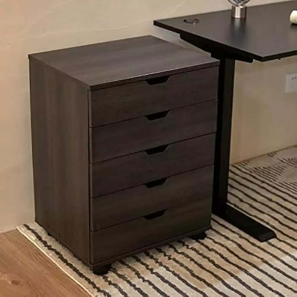 Hongwa 5 Drawer Unit File Cabinet Under Desk Storage Cart Home Office Casters Walnut