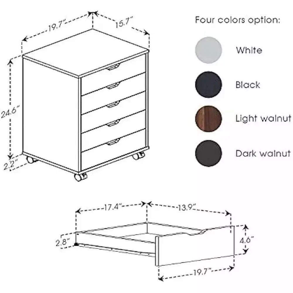 Hongwa 5 Drawer Unit File Cabinet Under Desk Storage Cart Home Office Casters Walnut
