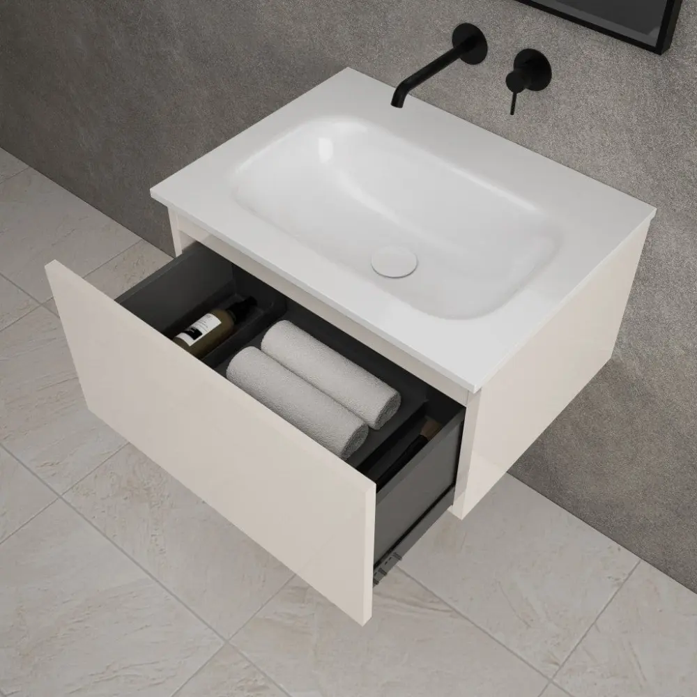 Raffinata One Drawer Vanity Unit Beyondstone Basin - Gloss Goat hair wool 600mm