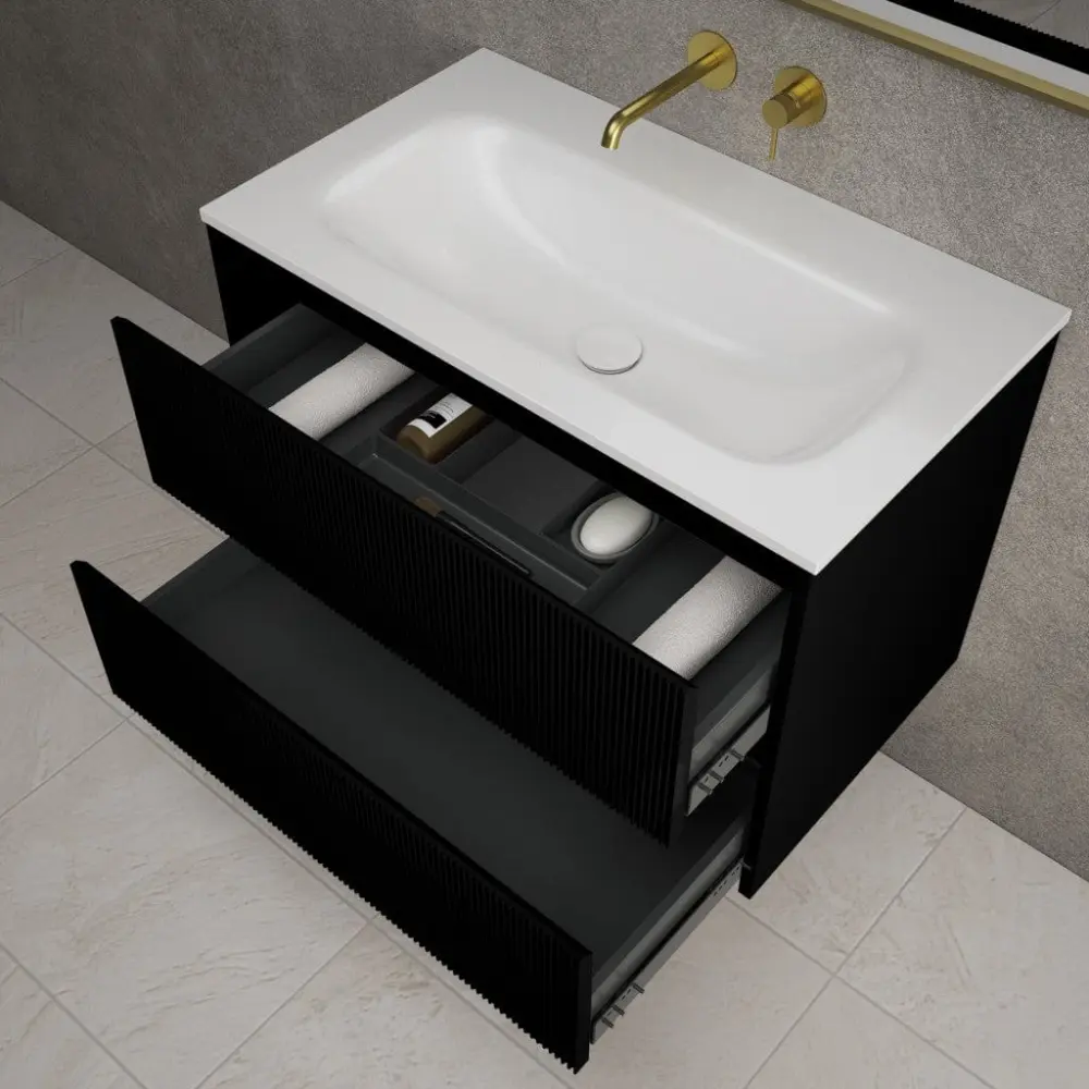 Scanalato Double Drawer Vanity Unit Beyondstone Basin - Pure Ebony 800mm