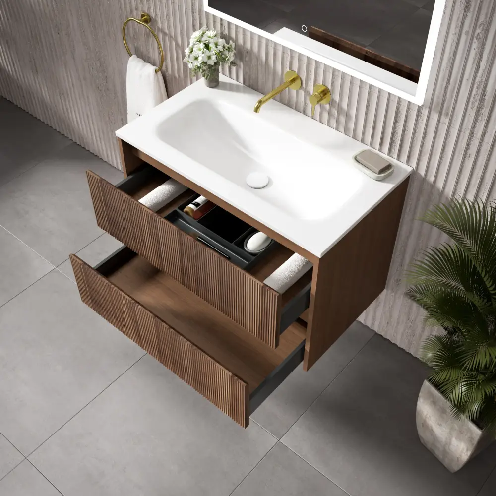 Scanalato Duplicate Drawer Vanity Unit Beyondstone Basin - Walnut 800mm