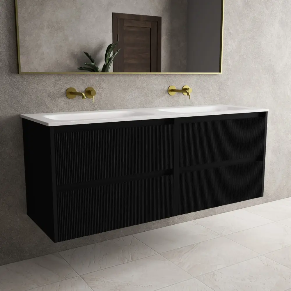 Scanalato Four Drawer Vanity Unit Beyondstone Dual Basin - Pure Black 1400mm