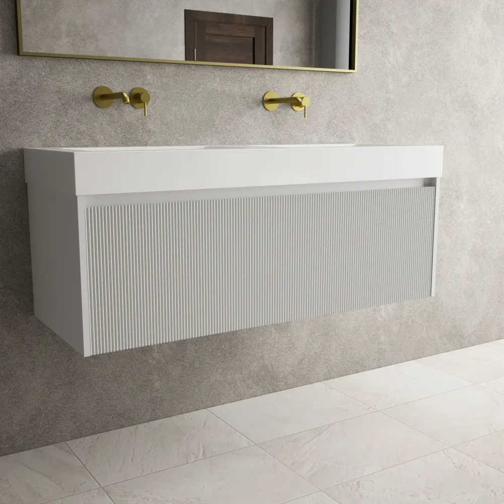 Scanalato Individual Drawer Vanity Unit Beyondstone BLOC Double Basin - Soft Grey 1200mm