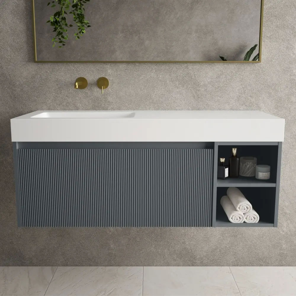 Scanalato Individual Drawer Vanity Unit Open Storage Space And Beyondstone BLOC Basin - Slate Grey 1200mm
