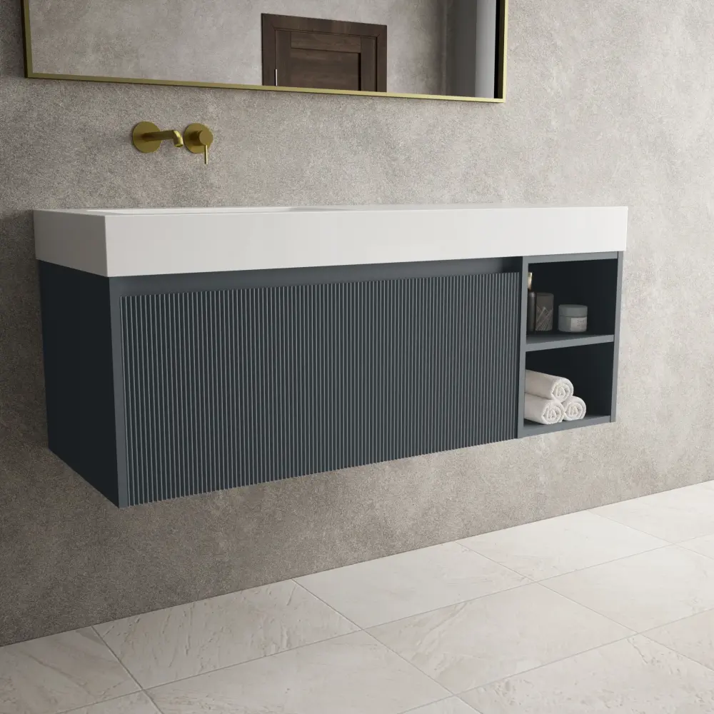 Scanalato Individual Drawer Vanity Unit Open Storage Space And Beyondstone BLOC Basin - Slate Grey 1200mm