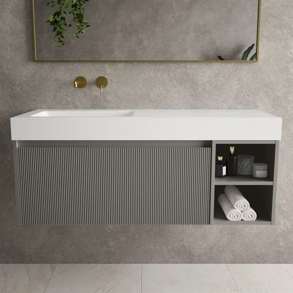 Scanalato One-only Drawer Vanity Unit Open Storage Space And Beyondstone BLOC Basin - Rich Taupe 1200mm