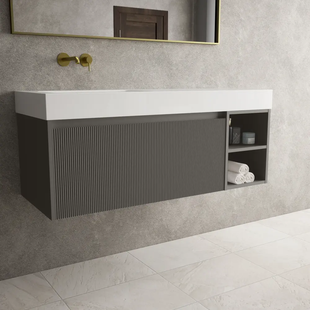 Scanalato One-only Drawer Vanity Unit Open Storage Space And Beyondstone BLOC Basin - Rich Taupe 1200mm