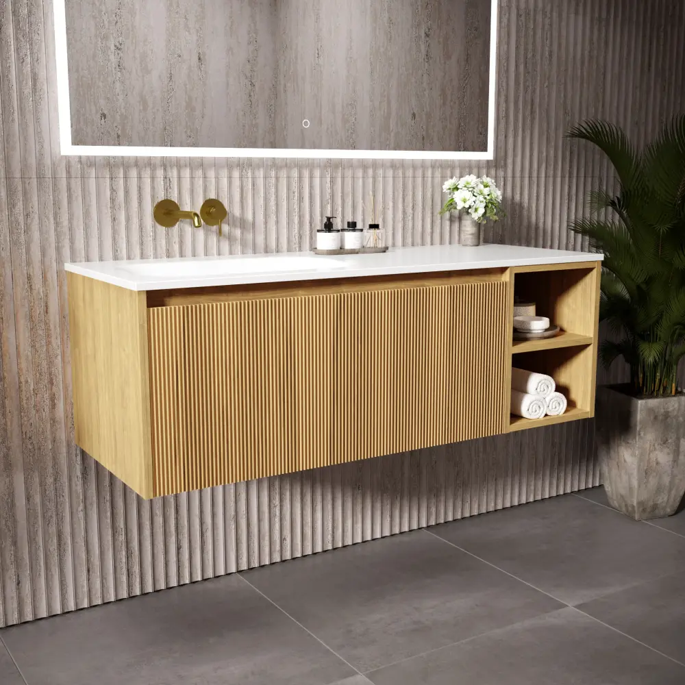 Scanalato One-only Drawer Vanity Unit Open Storage Space And Left Hand Beyondstone Basin - Oak 1200mm