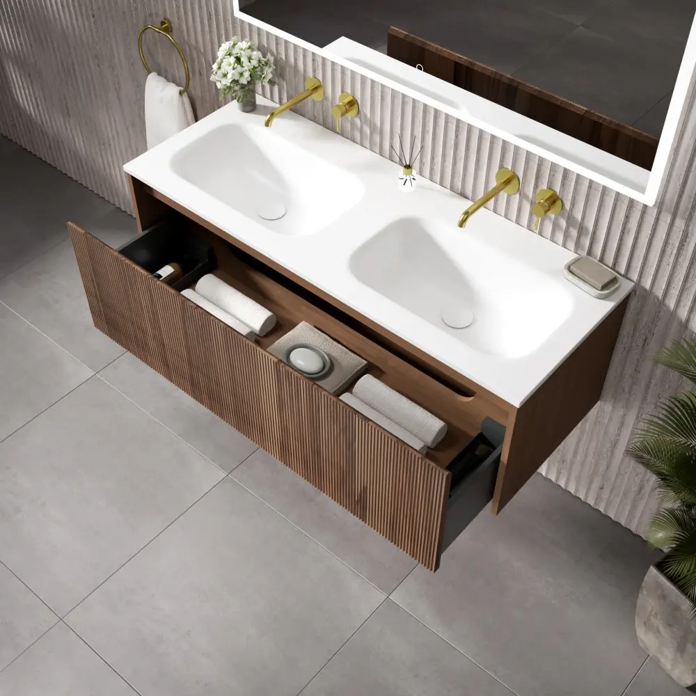 Scanalato Single Drawer Vanity Unit Beyondstone Paired Basin - Walnut 1200mm