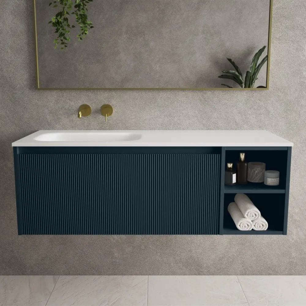Scanalato Single Drawer Vanity Unit Open Storage Space And Left Hand Beyondstone Basin - Midnight Navy 1200mm