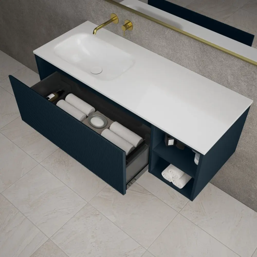 Scanalato Single Drawer Vanity Unit Open Storage Space And Left Hand Beyondstone Basin - Midnight Navy 1200mm