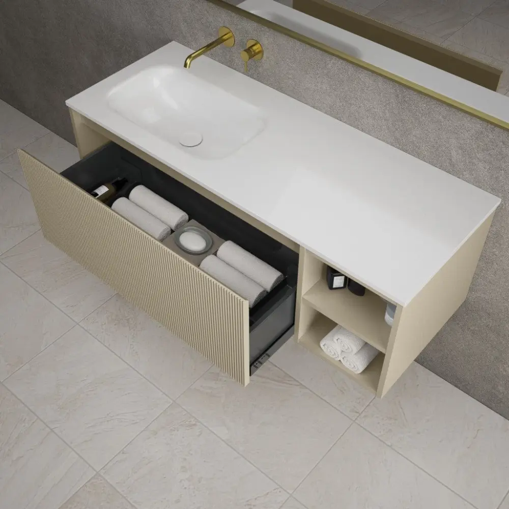 Scanalato Single Drawer Vanity Unit Open Storage Space And Left Hand Beyondstone Basin - Goat hair wool 1200mm