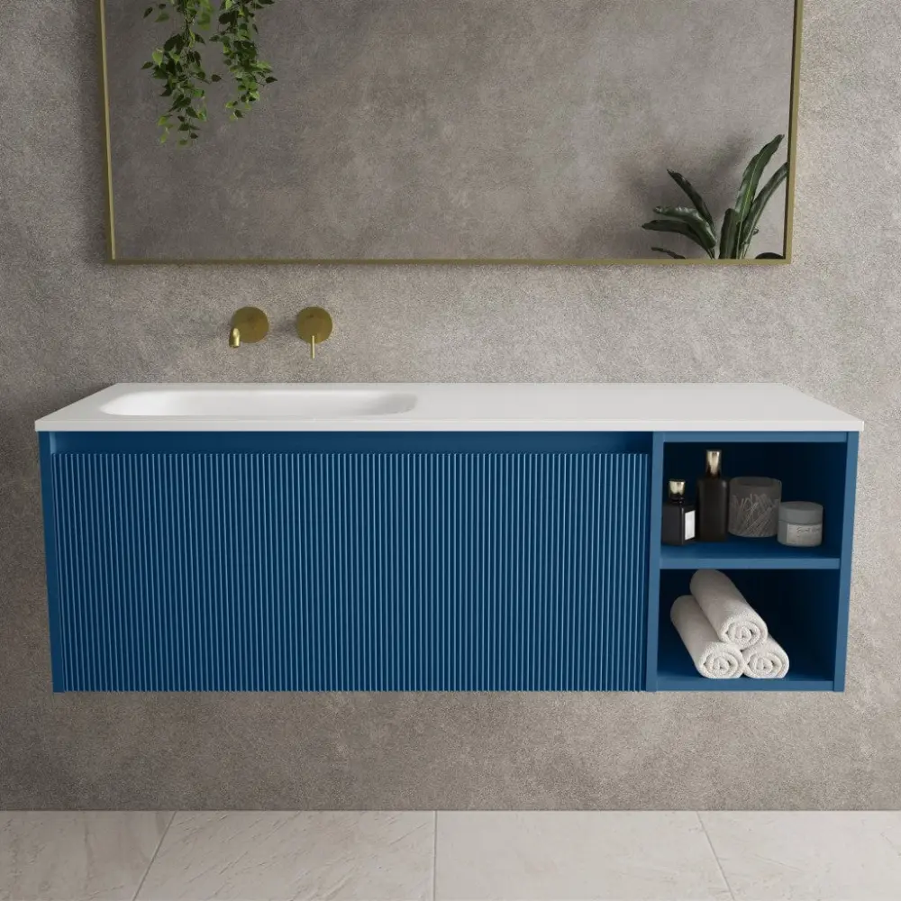 Scanalato Single Drawer Vanity Unit Open Storage Space And Left Hand Beyondstone Basin - Ocean Cobalt 1200mm