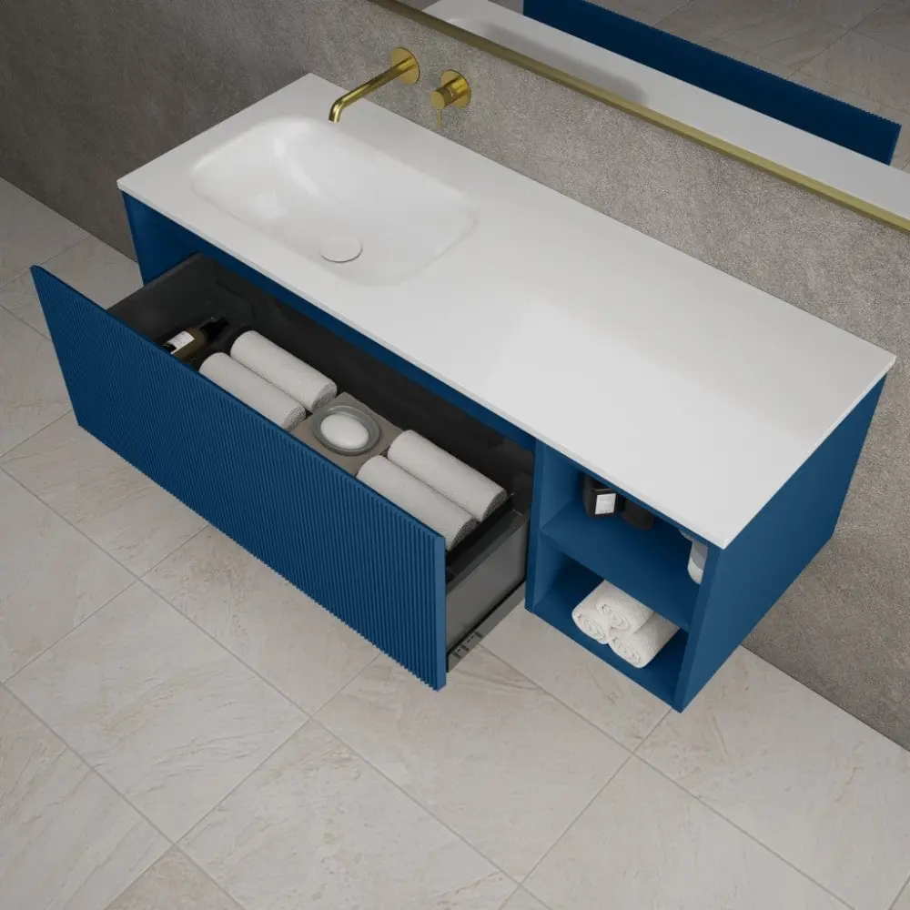 Scanalato Single Drawer Vanity Unit Open Storage Space And Left Hand Beyondstone Basin - Ocean Cobalt 1200mm