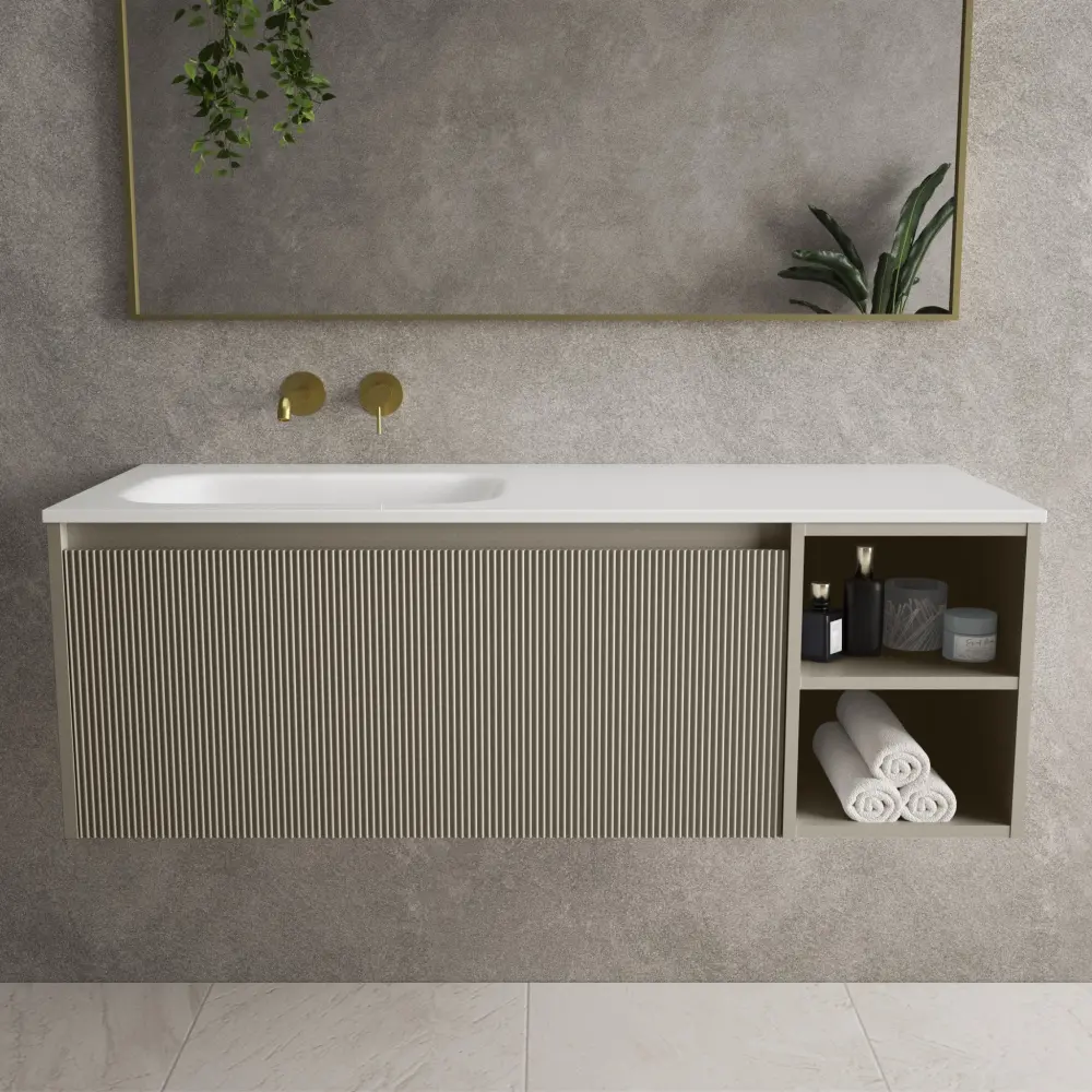 Scanalato Single Drawer Vanity Unit Open Storage Space And Left Hand Beyondstone Basin - Gentle Taupe 1200mm