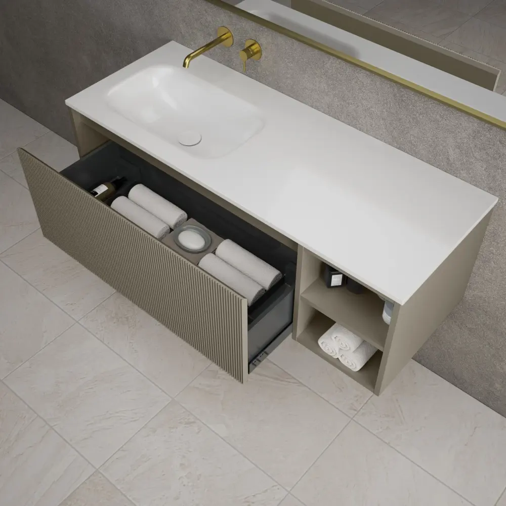 Scanalato Single Drawer Vanity Unit Open Storage Space And Left Hand Beyondstone Basin - Gentle Taupe 1200mm