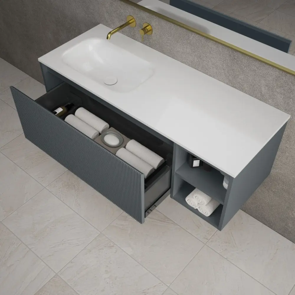 Scanalato Sole Drawer Vanity Unit Open Storage Space And Left Hand Beyondstone Basin - Slate Grey 1200mm