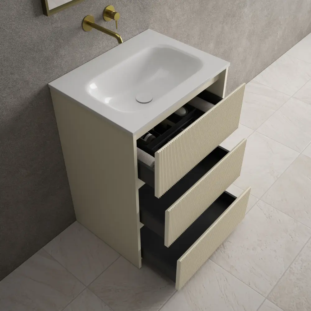 Scanalato Three Drawer Floor Standing Vanity Unit Beyondstone Basin - Goat hair wool 600mm