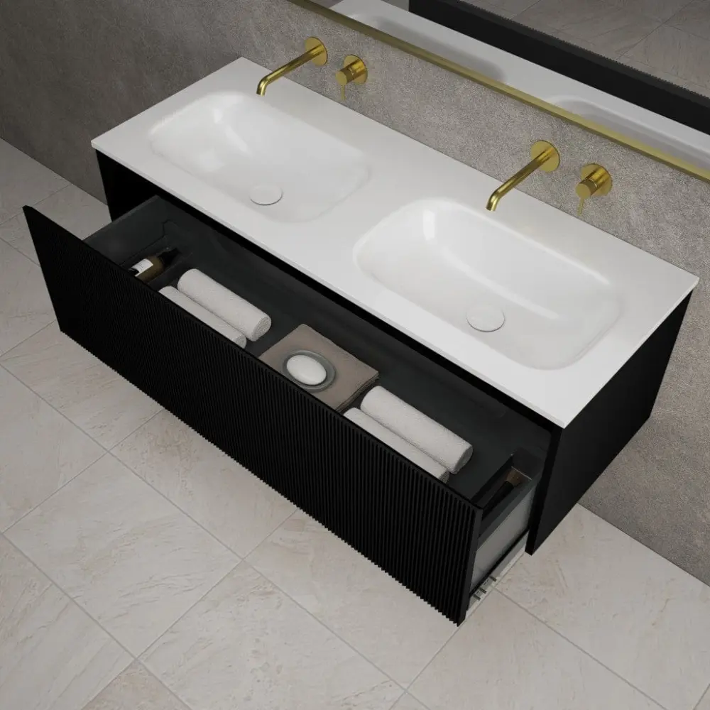 Scanalato Unitary Drawer Vanity Unit Beyondstone Double Basin - Pure Black 1200mm