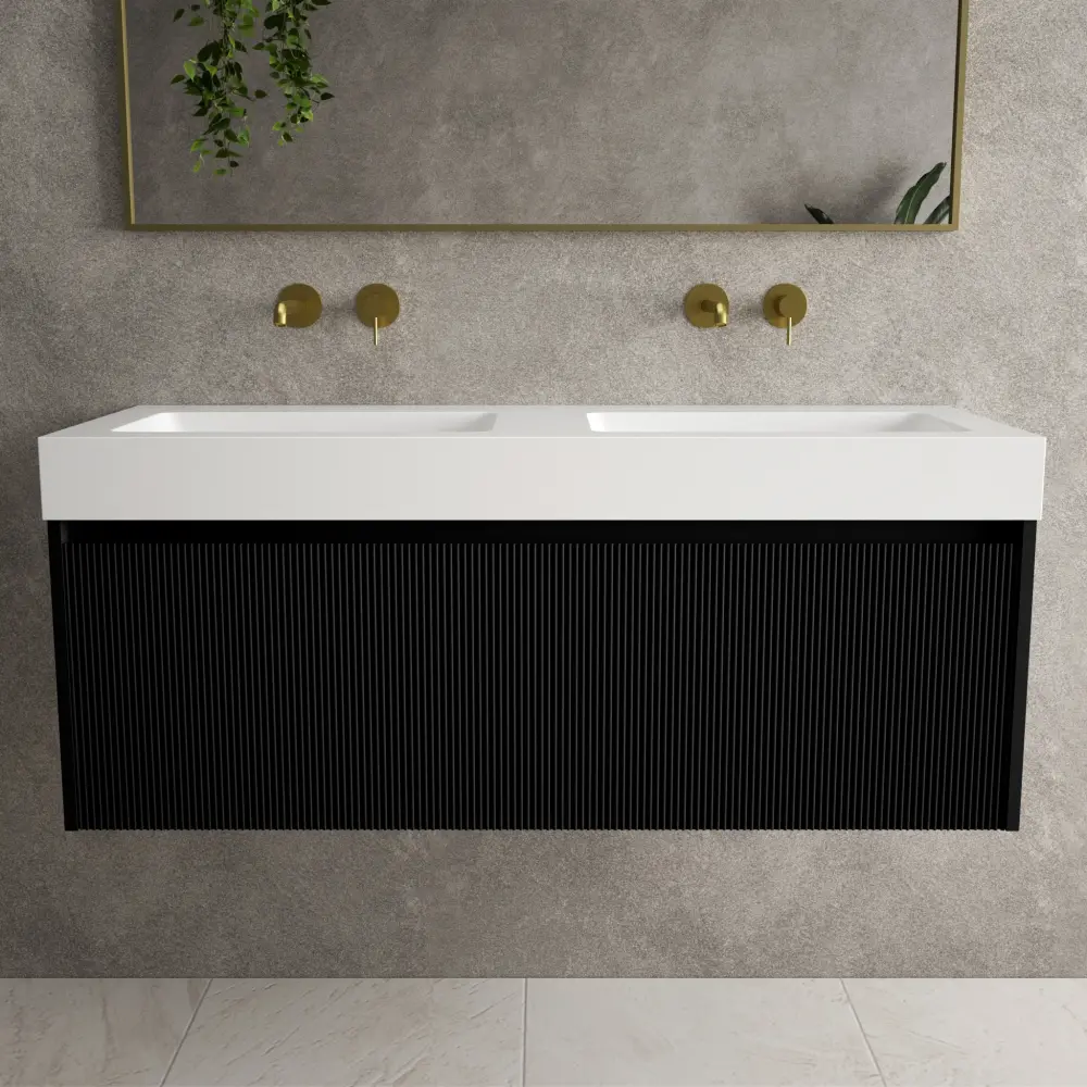 Scanalato Unitary Drawer Vanity Unit Beyondstone BLOC Double Basin - Pure Black 1200mm