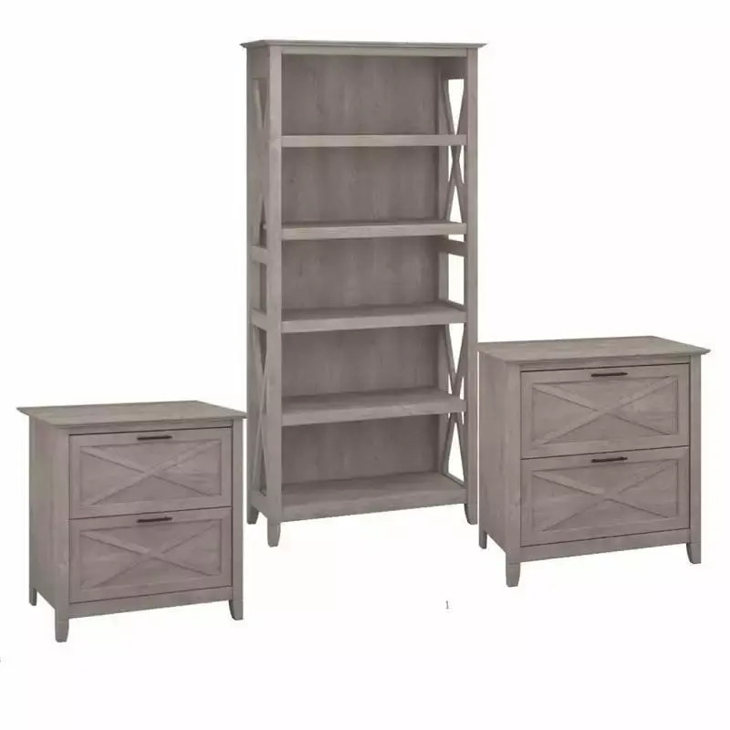 3 Piece Storage Office Set Bookshelf and 3 File Cabinet Washed Gray Home Square