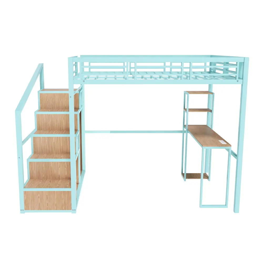 Heavy Metal Frame Thorough Loft Bed Desk & Storage, 4 Cabinets, Staircase, Rack Space Saver - Green Underbed Lighting
