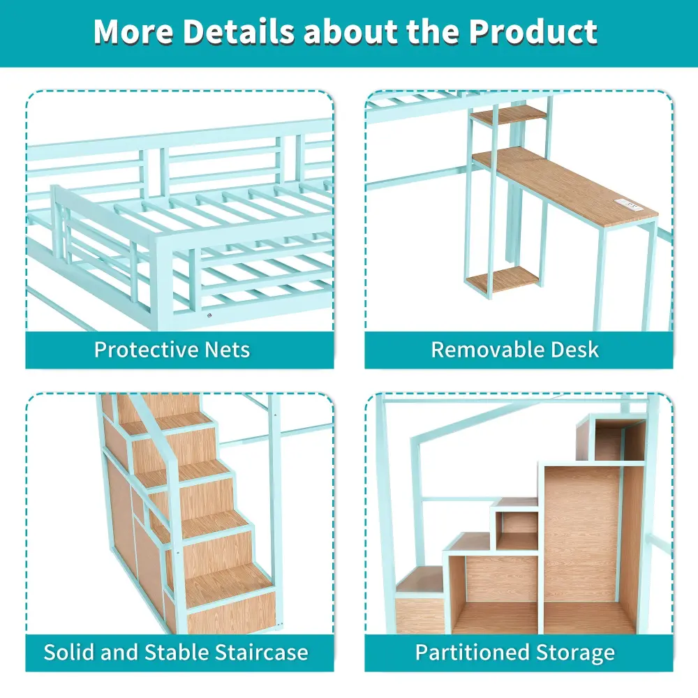 Heavy Metal Frame Thorough Loft Bed Desk & Storage, 4 Cabinets, Staircase, Rack Space Saver - Green Underbed Lighting