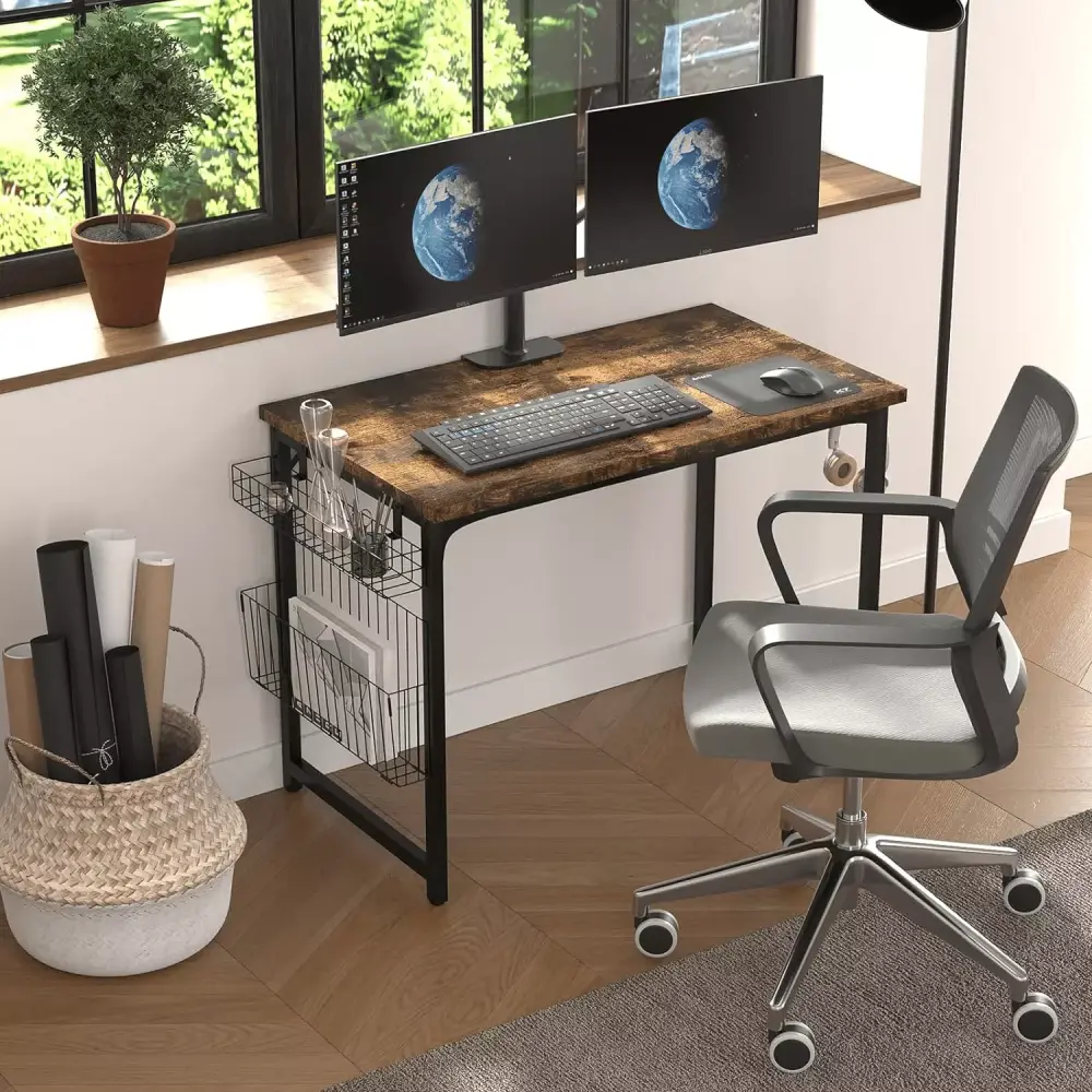 COMHOMA 40 Computer Desk Study PC Table Storage Basket and Headphone Hooks Wood Simple Style Student Writing Desk Home Off...