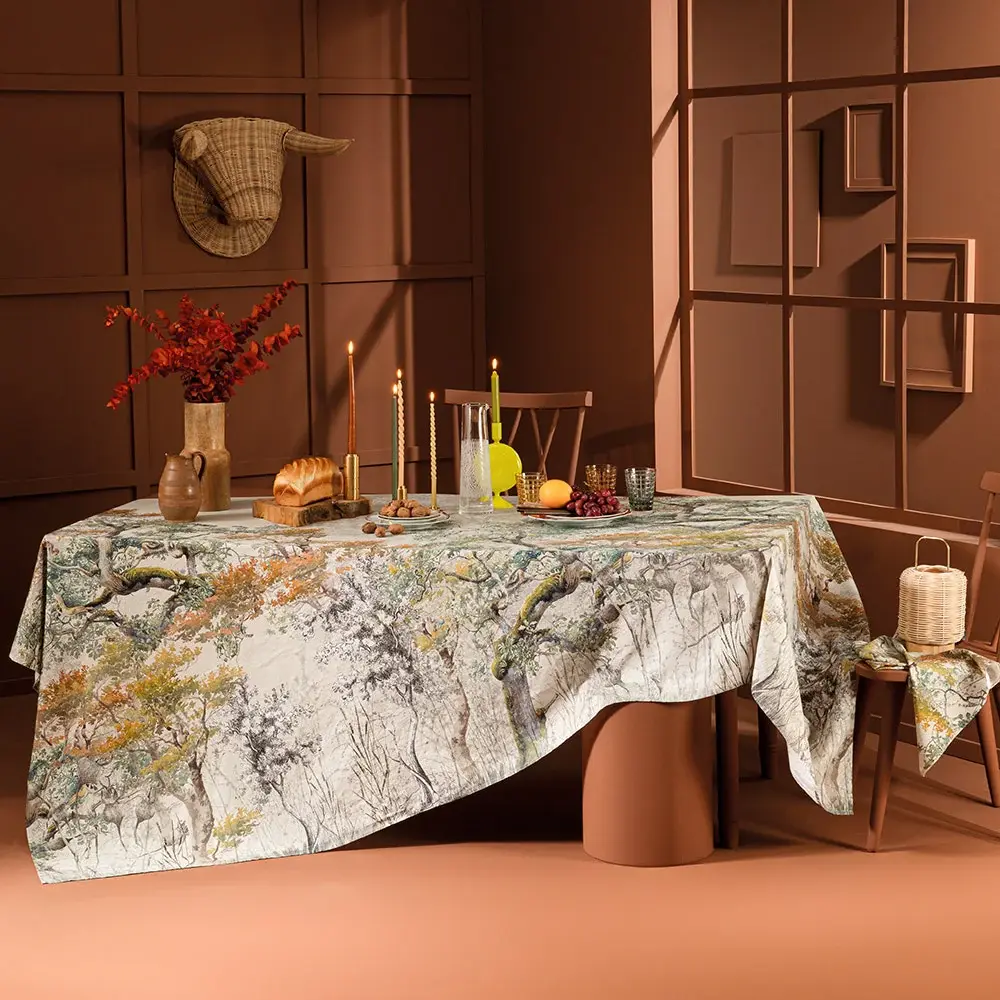 Reversible Design Bois De Mystere Parchemin Tablecloth, Cotton-Linen Blend