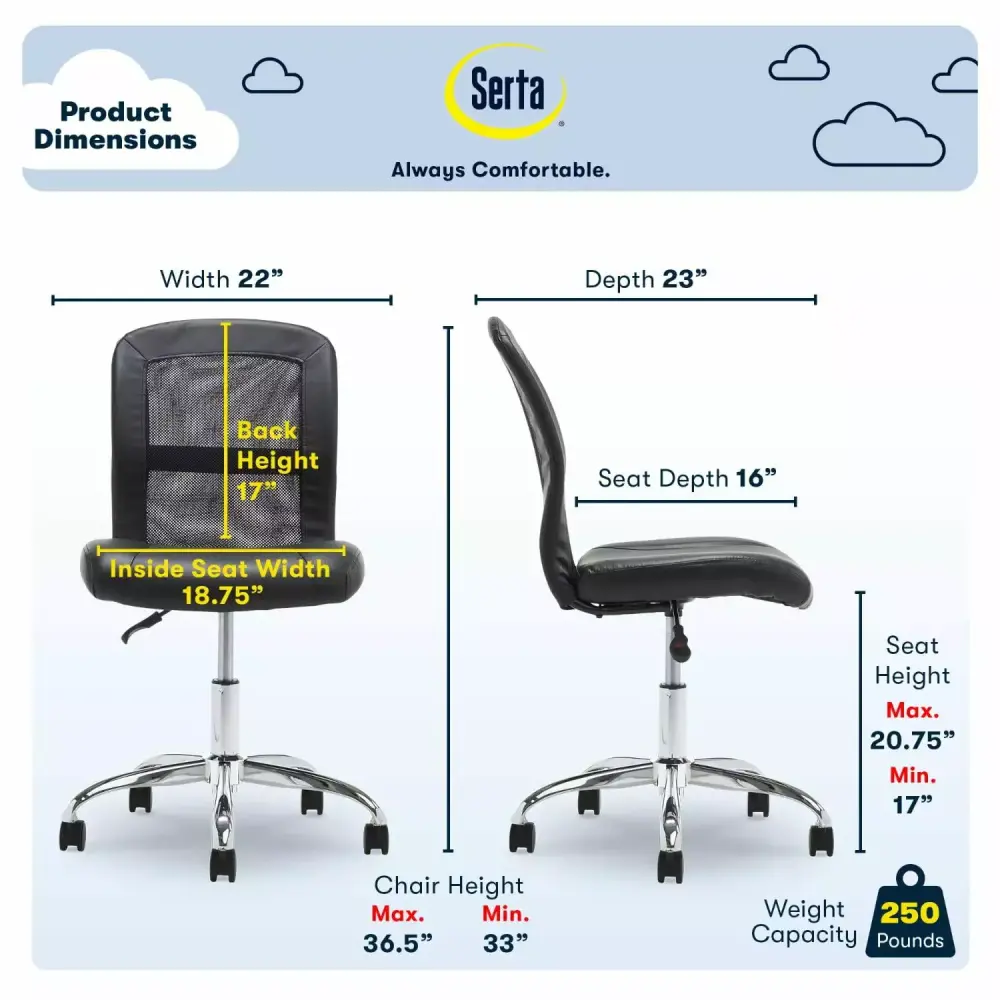 True Innovations Serta Essential Armless Desk Chair Breathable Mesh Back Black