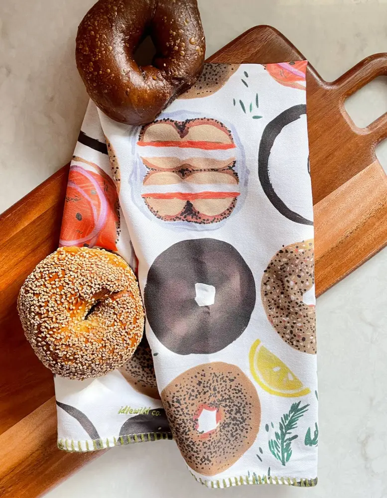 Certified Organic Bagel Cotton Tea Towel Embroidered Detail