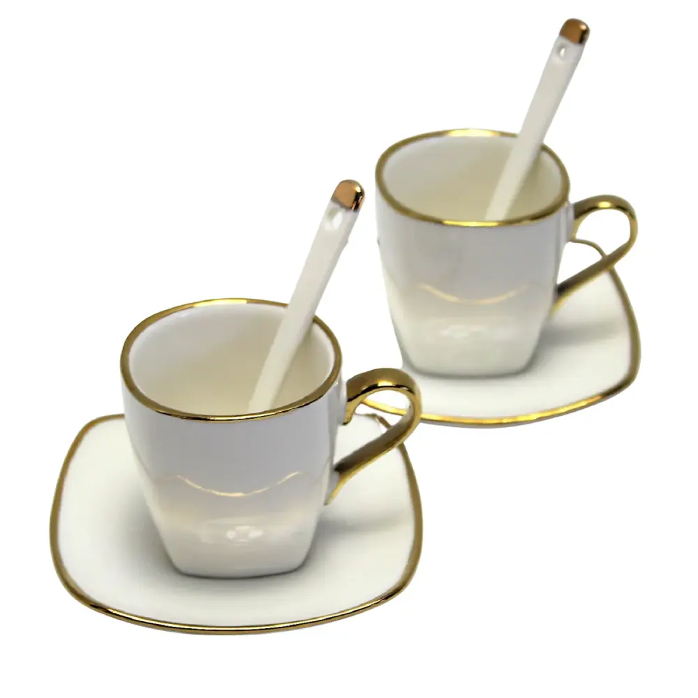 Queen Isabell Espresso Cups Saucers 2 Piece Porcelain Set, Superior Bone China, 2x 80 ml, White Gold