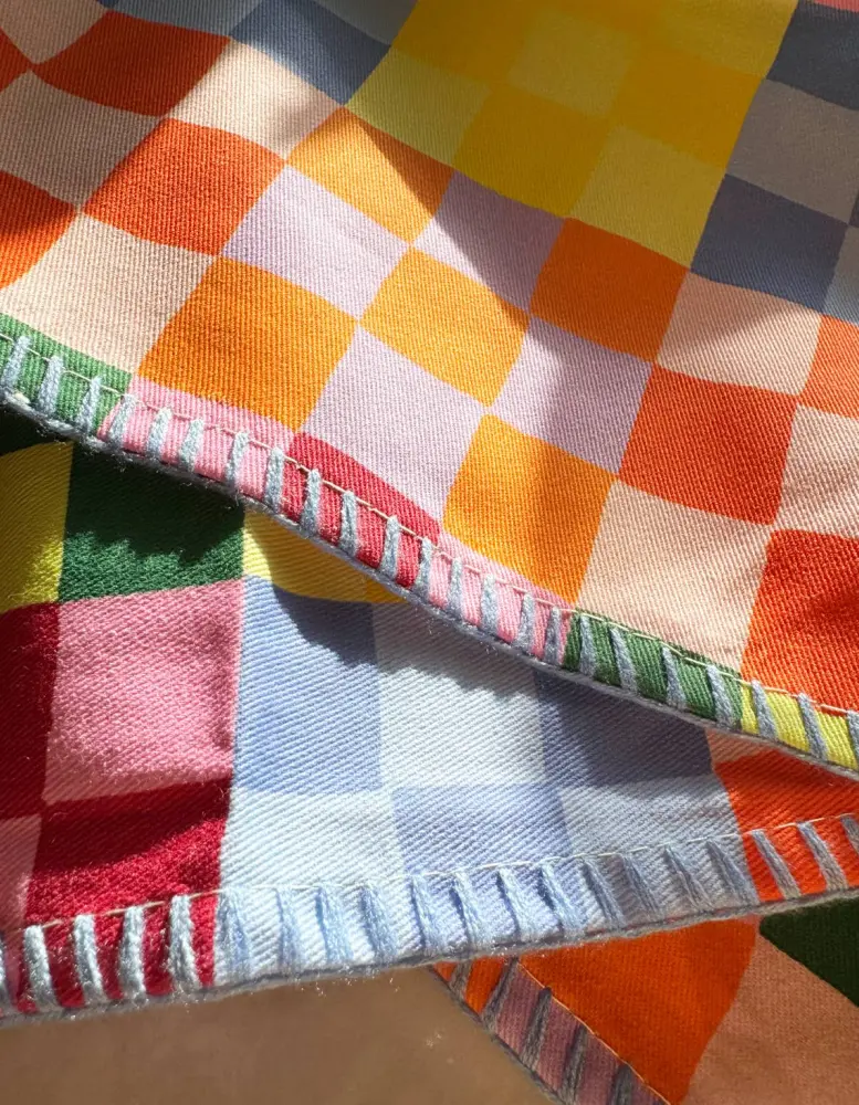 Rainbow Checks Cotton Tea Towel Embroidered Detail