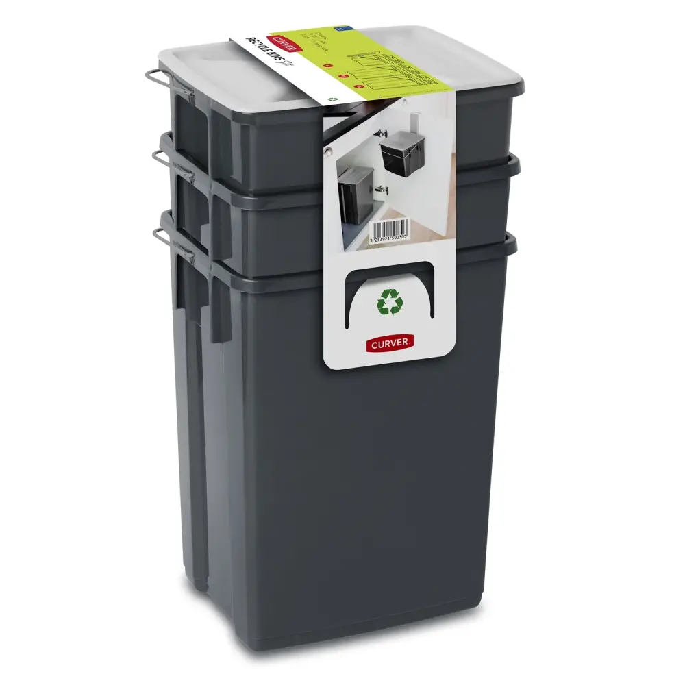 Curver 245948 Waste Bin 3 PCS Sorting Recycling Recycle Trash Can Place 2 x 10L + 6L