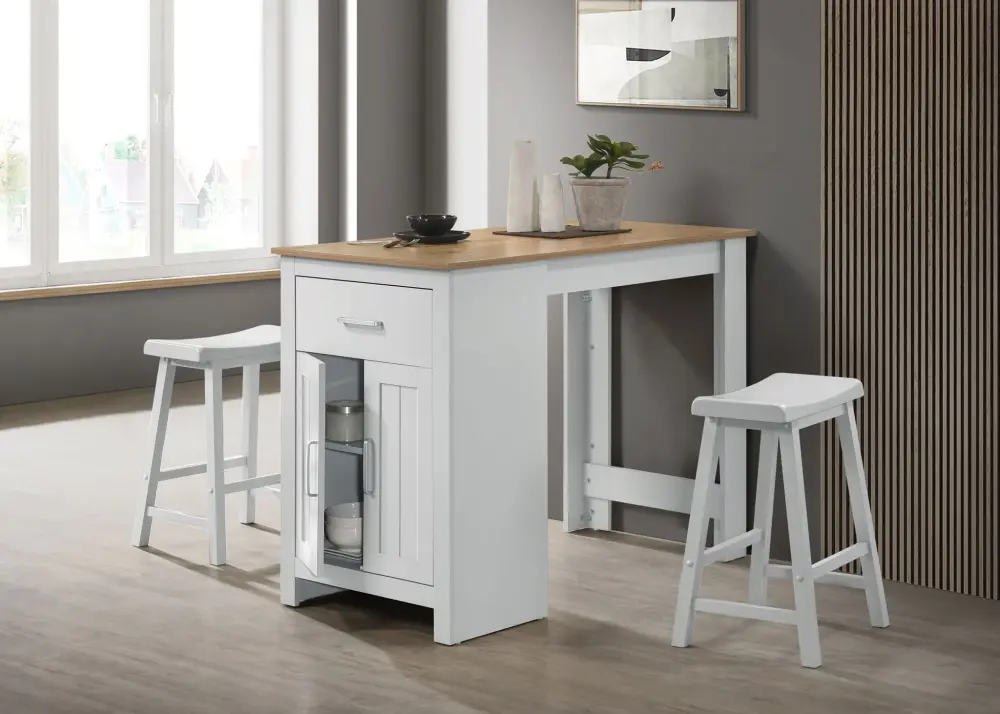 Alonzo - Small Space Counter Height Dining Table Cabinet, Drawer, And 2 Body-friendly Counter Stools (Set 3) Powder Coat F...